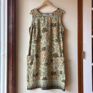 Linen Blend Sleeveless Sage Green Shift Dress Pockets Earthy Floral Size 14